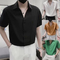 V-Neck Retro INS Men's Casual Fashion Silk Short Sleeve Korean Shirt