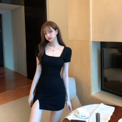 mini square neck fitted dress Korean style plus size bodycon sexy dress for women body fit formal black dress with slit