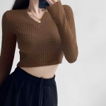 Neck Tops Long Sleeve With Slit Edge